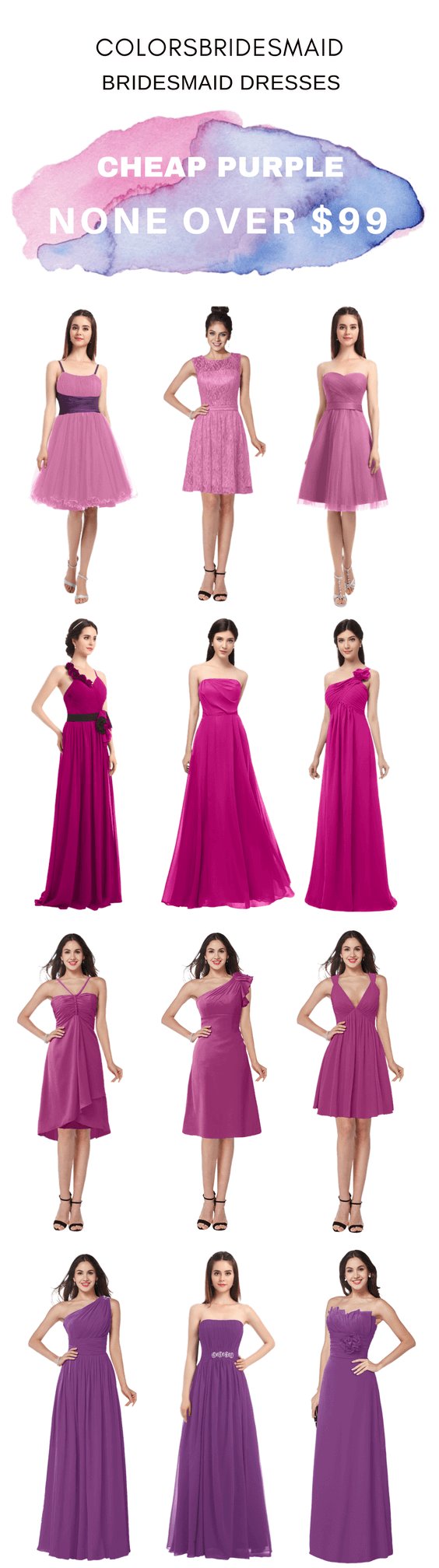 Cheap Purple Bridesmaid Dresses in Rosebloom, Hot Pink, Raspberry and Dahlia Colors