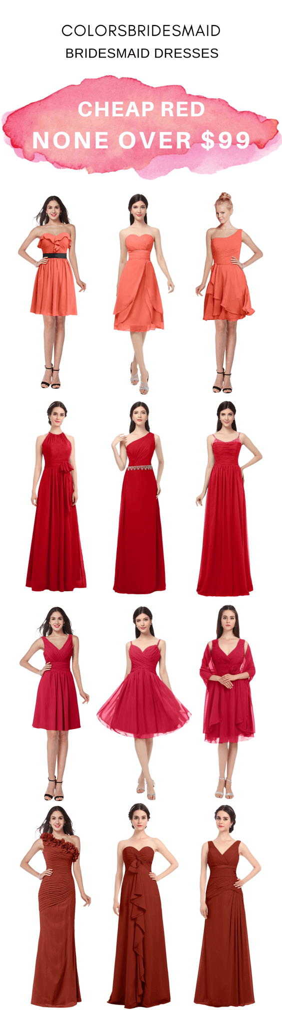 Cheap Red Bridesmaid Dresses in Living Coral, Red, Lollipop and Rust Colors