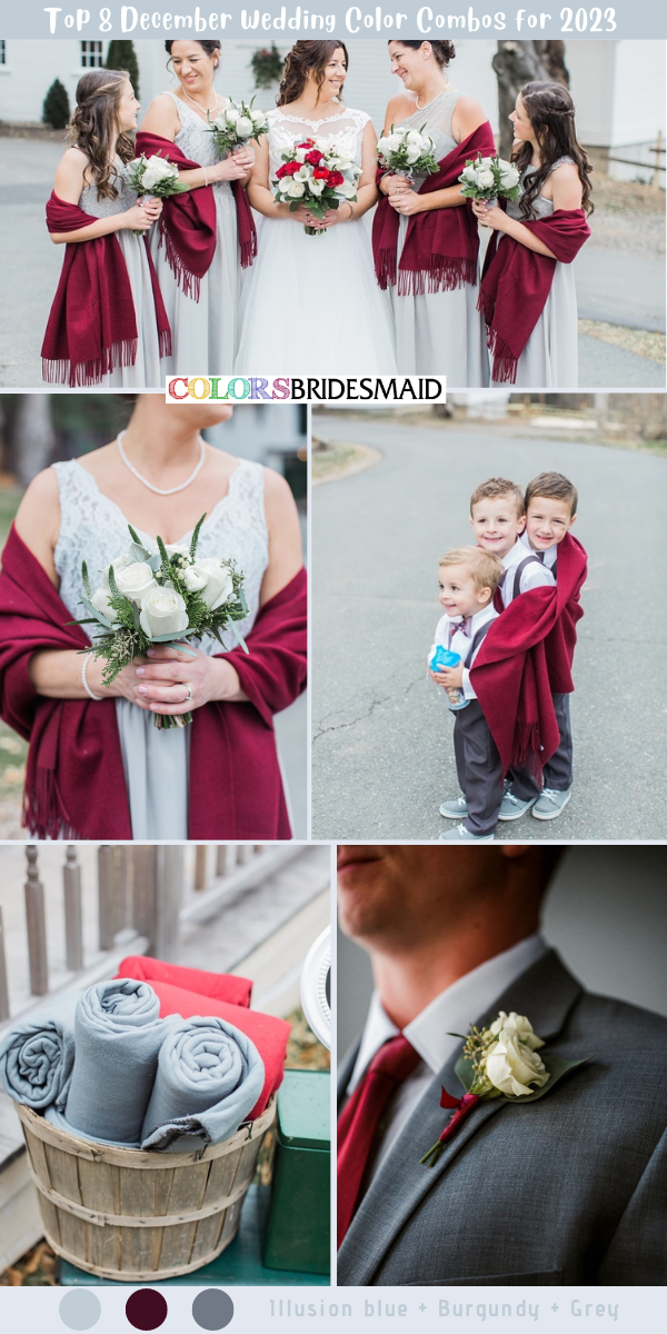 Top 8 December Wedding Color Combos for 2023 - Illusion Blue + Burgundy + Grey