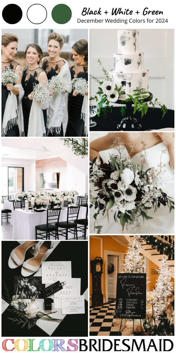 Best 8 December Wedding Color Schemes for 2024-Black, White and Green
