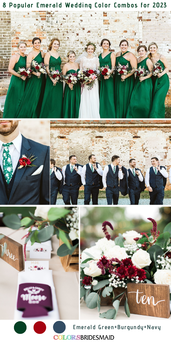 8 Popular Emerald Green Wedding Color Combos for 2023 - Emerald Green + Burgundy + Navy