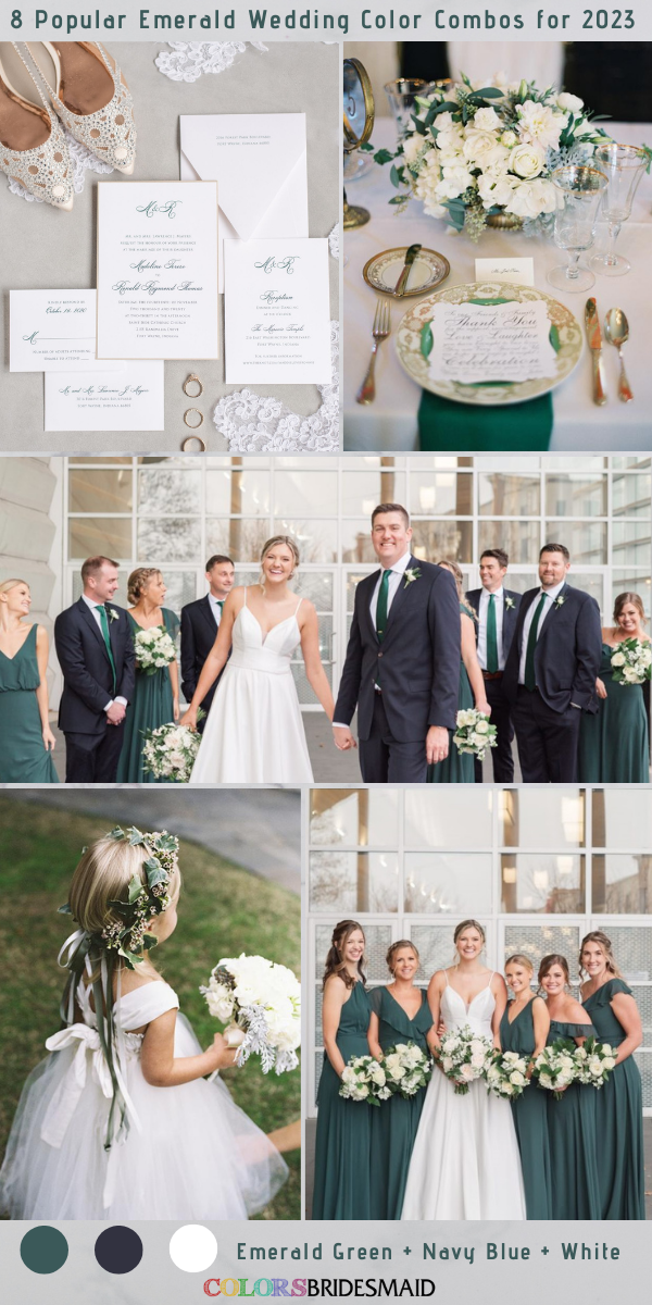 8 Popular Emerald Green Wedding Color Combos for 2023 - Emerald Green + Navy Blue + White