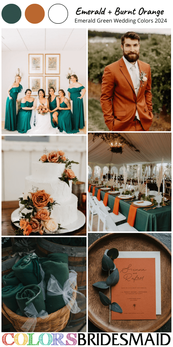 top 8 emerald green wedding color schemes for 2024 emerald green and burnt orange