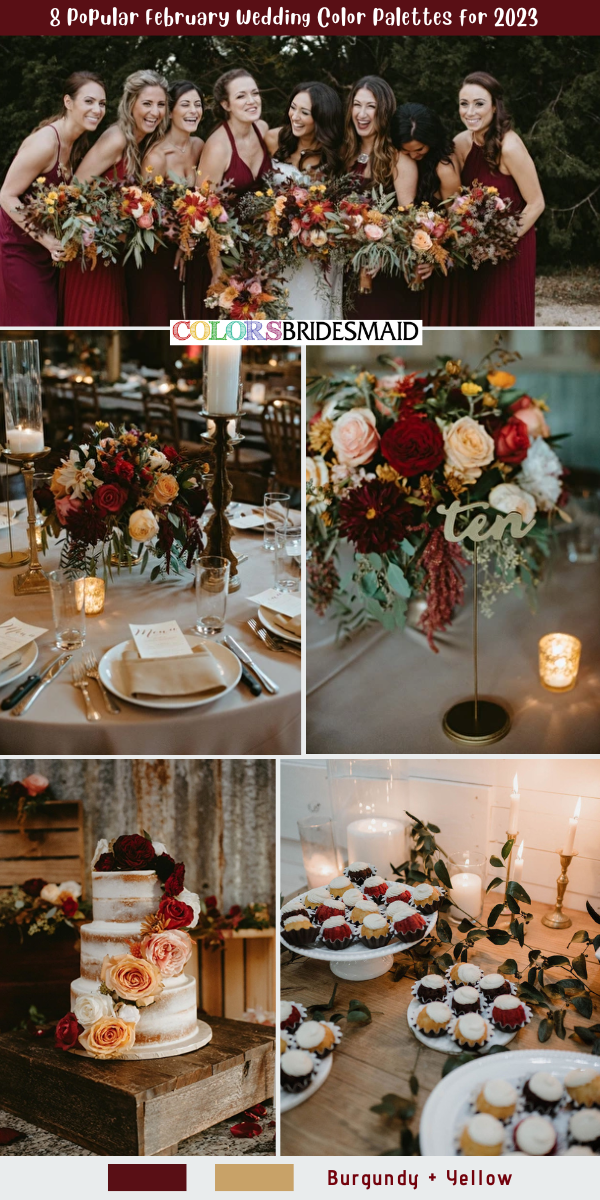8 Popular February Wedding Color Palettes for 2023  - Burgundy + Yellow