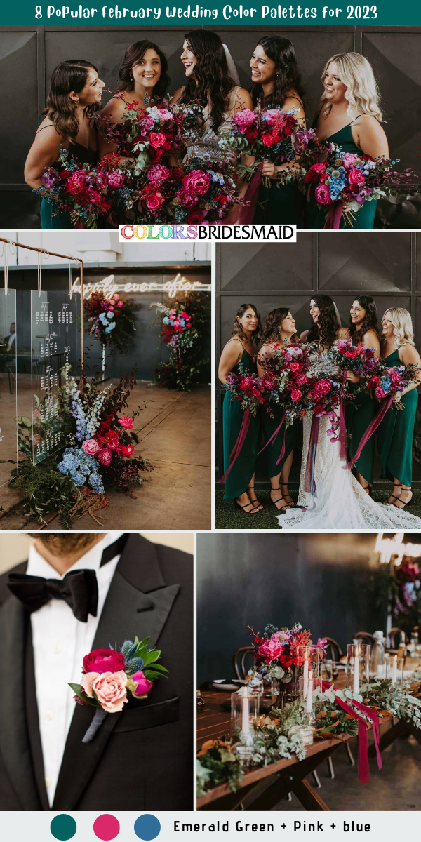 8 Popular February Wedding Color Palettes for 2023  - Emerald Green + Pink + Blue
