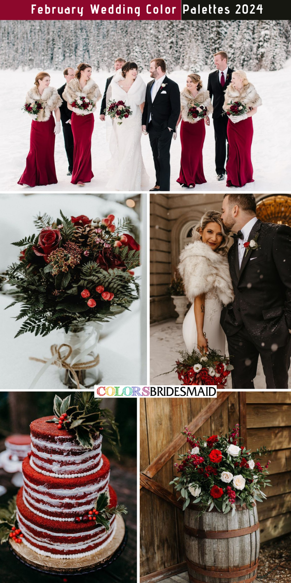 Best 8 February Wedding Color Palettes for 2024 - Dark Red + Greenery + Black