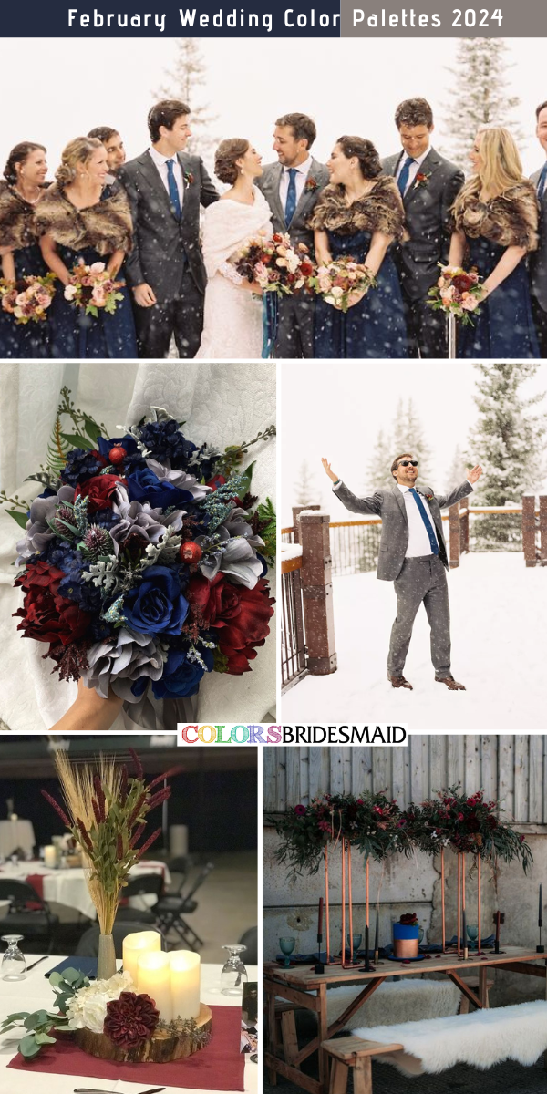 Best 8 February Wedding Color Palettes for 2024 - Navy Blue + Grey + Burgundy