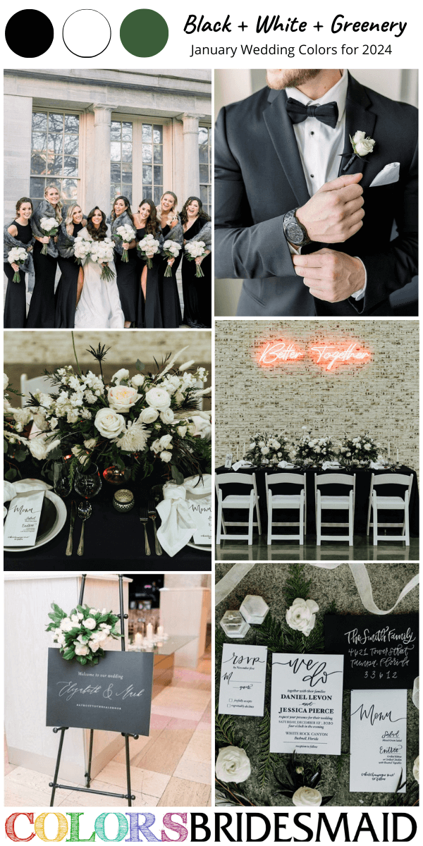 Best 8 January Wedding Color Combos for 2024-Black, White and Greenery
