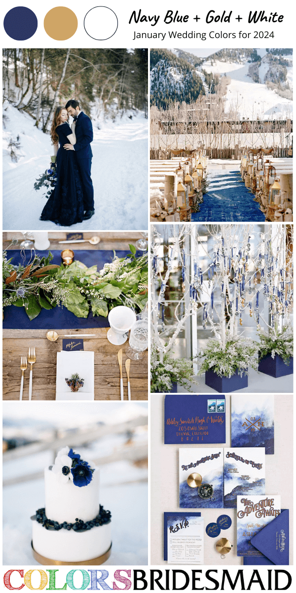 Best 8 January Wedding Color Combos for 2024-Navy Blue, Gold and White