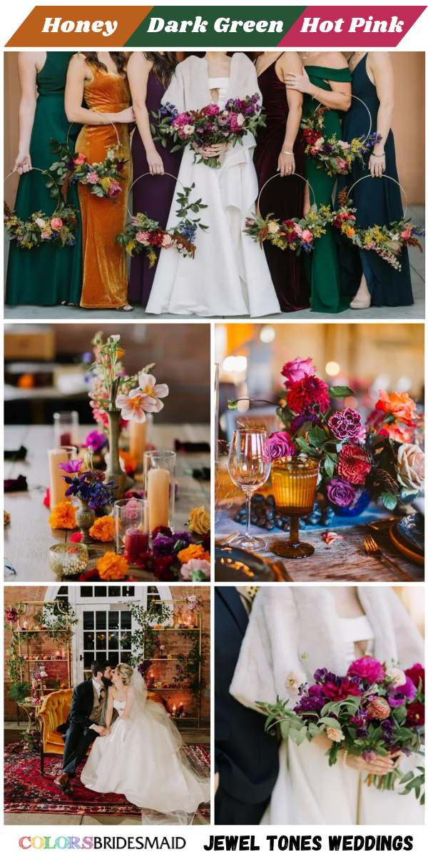 Top 8 Jewel Tones Wedding Color themes for 2024 - Honey Brown + Hunter Green + Hot Pink