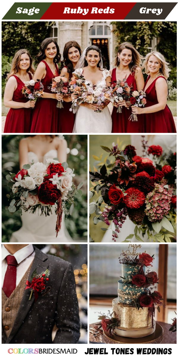 Top 8 Jewel Tones Wedding Color themes for 2024 - Sage + Ruby Reds + Grey