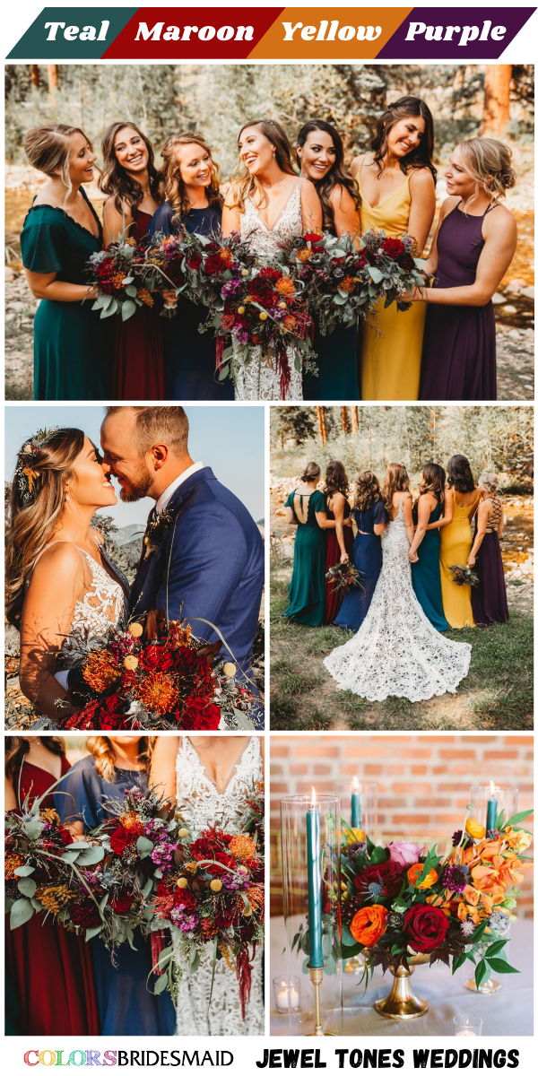 Top 8 Jewel Tones Wedding Color themes for 2024 - Teal + Maroon + Yellow + Purple