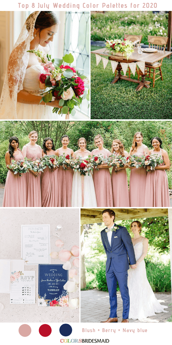Top 8 July Wedding Color Palettes for 2020 - Blush + Berry + Navy Blue