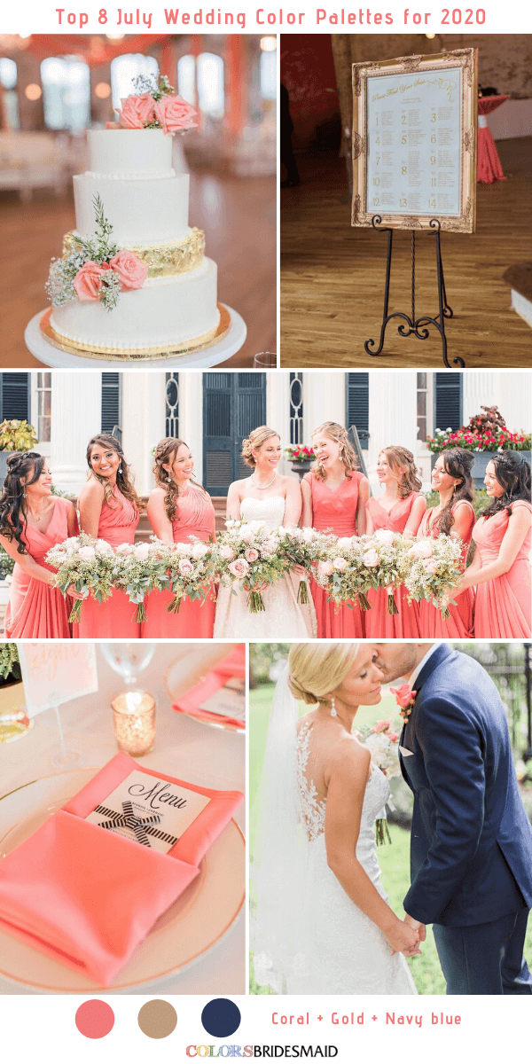 Top 8 July Wedding Color Palettes for 2020 - Coral + Gold + Navy Blue