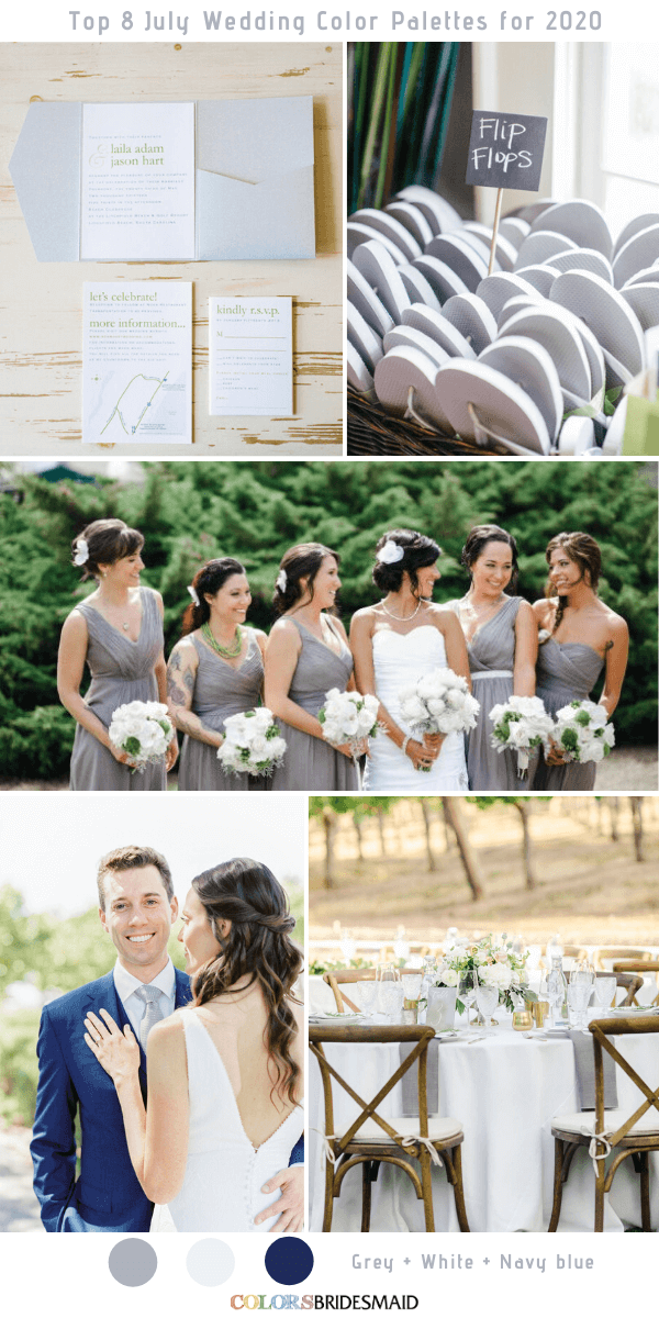 Top 8 July Wedding Color Palettes for 2020 - Grey + White + Navy Blue