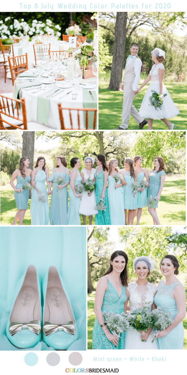 Top 8 July Wedding Color Palettes for 2020 - Mint Green + White + Khaki