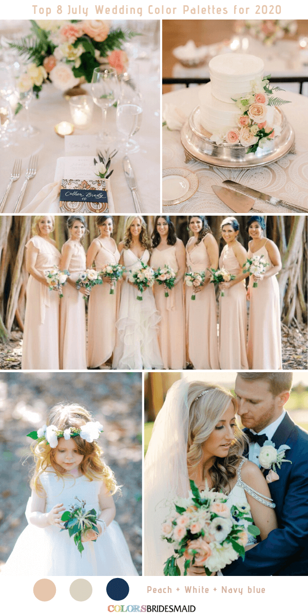 Top 8 July Wedding Color Palettes for 2020 - Peach + White + Navy Blue
