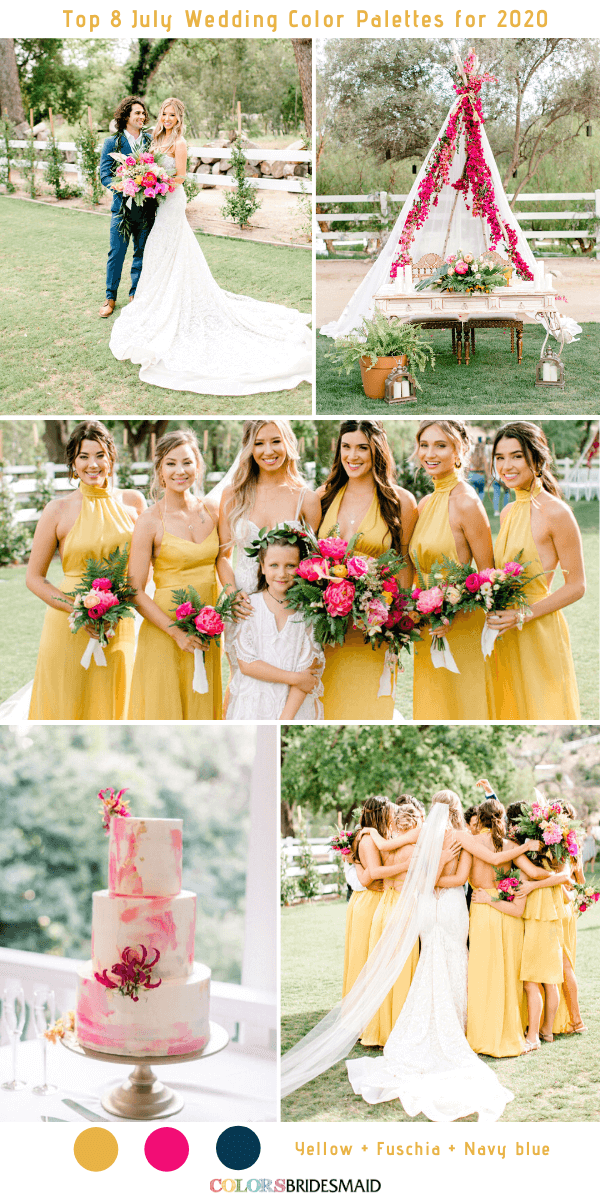 Top 8 July Wedding Color Palettes for 2020 - Yellow + Fushcia + Navy Blue