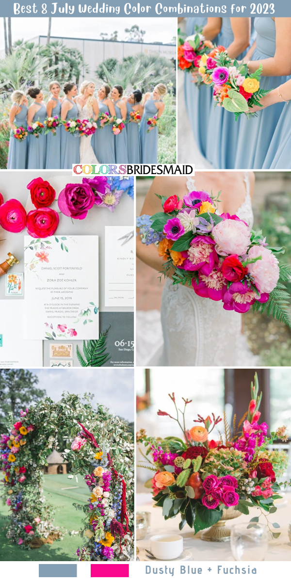 Best 8 July Wedding Color Combinations for 2023 - Dusty blue + Fuchsia