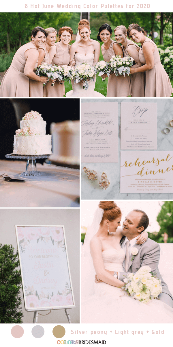 8 Hot June Wedding Color Palettes for 2020 - Silver peony + Light grey + Gold