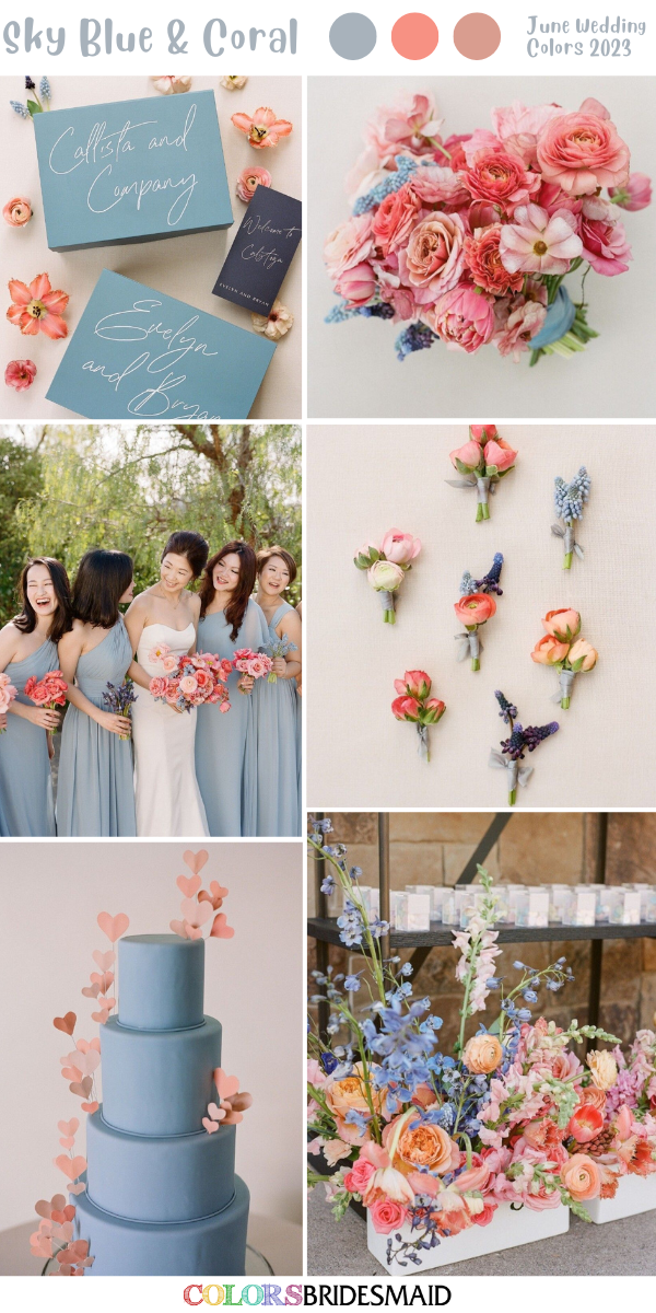 8 Popular June Wedding Color Palettes for 2023 -  Sky Blue + Coral
