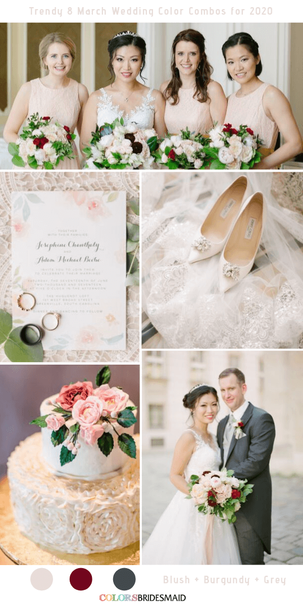 Trendy 8 March Wedding Color Combos for 2020 - Blush + Burgundy + Grey