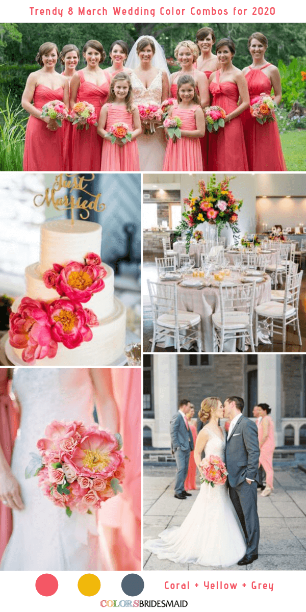 Trendy 8 March Wedding Color Combos for 2020 - Coral + Yellow + Grey