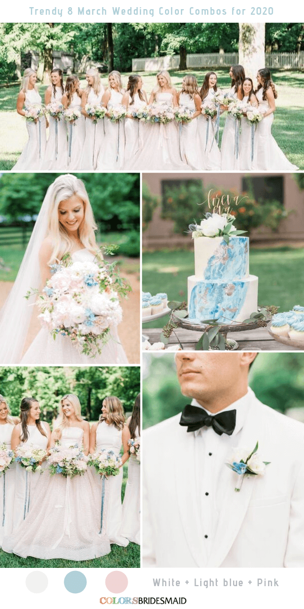 Trendy 8 March Wedding Color Combos for 2020 - White + Pink + Light Blue