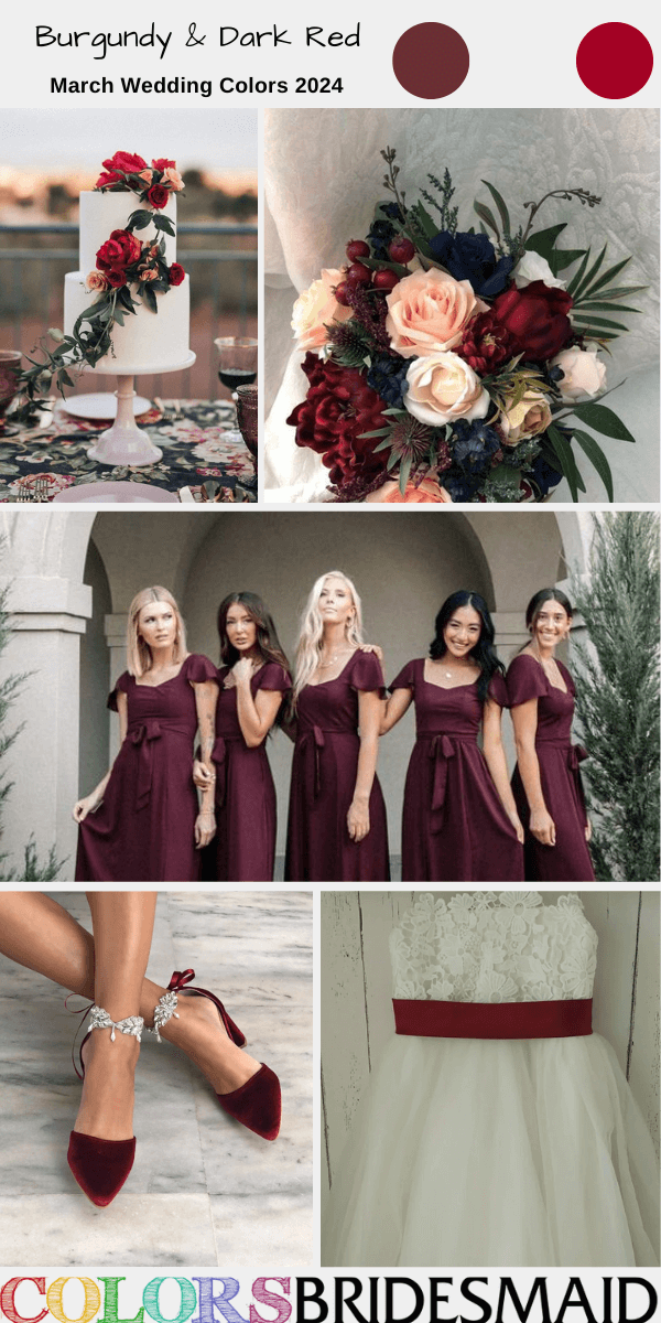 Best 8 March Wedding Color Combos for 2024-Burgundy & Dark Red