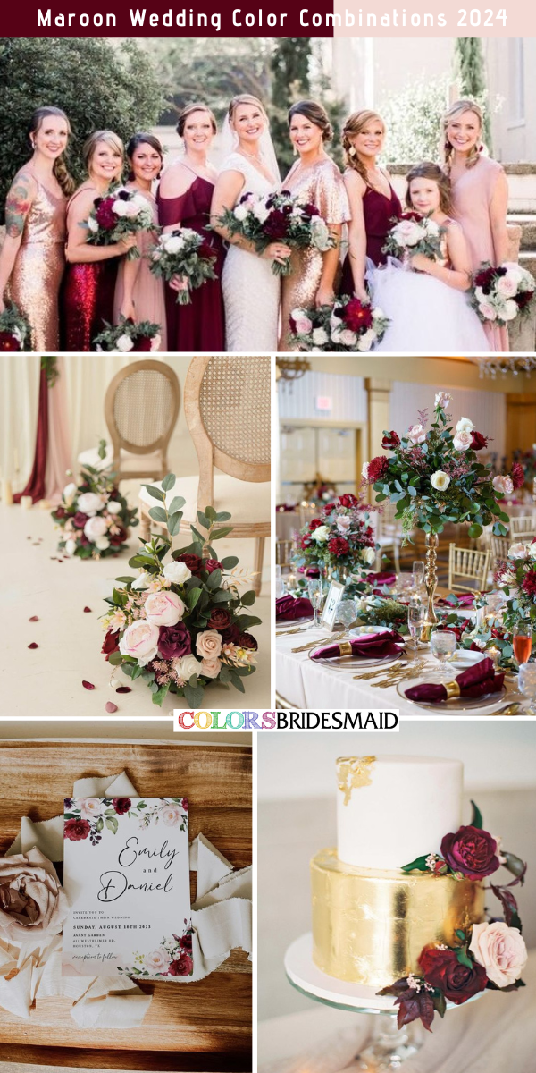 8 Refined Maroon Wedding Color Combos for 2024 - Maroon + Blush + Gold