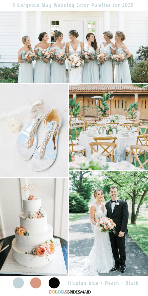 9 Gorgeous May Wedding Color Palettes for 2020 - Illusion blue + Peach + Black