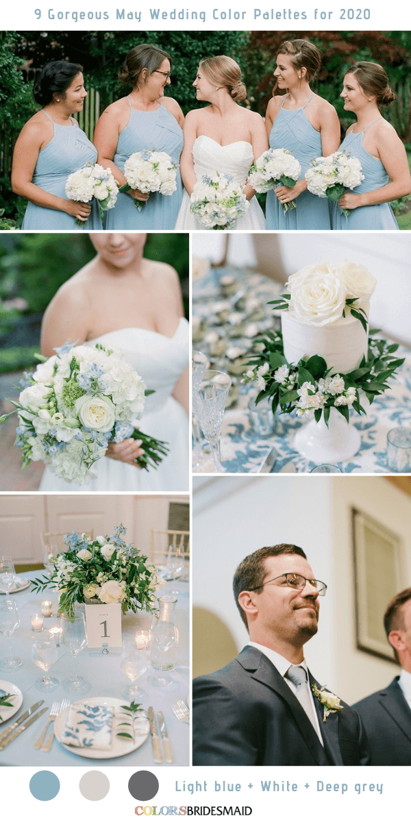 9 Gorgeous May Wedding Color Palettes for 2020 - Light blue + White + Deep grey