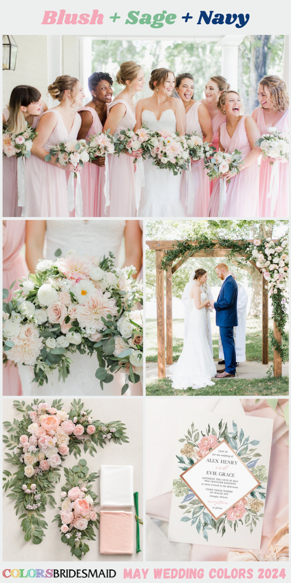 Popular 8 May Wedding Color Ideas for 2024 - Blush + Sage + Navy