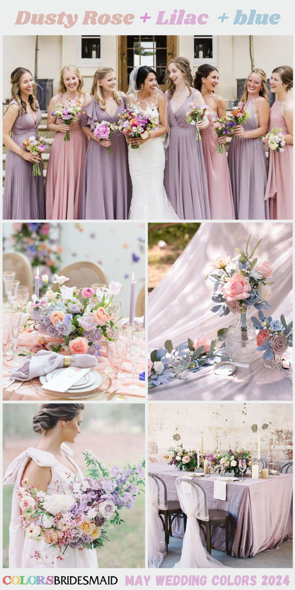 Popular 8 May Wedding Color Ideas for 2024 - Dusty Rose + Lilac + blue