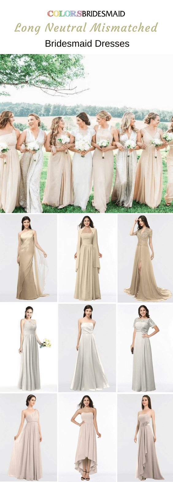 Mismatched Bridesmaid Dresses in Neutural Color of Champagne, Off White and Silver Peony