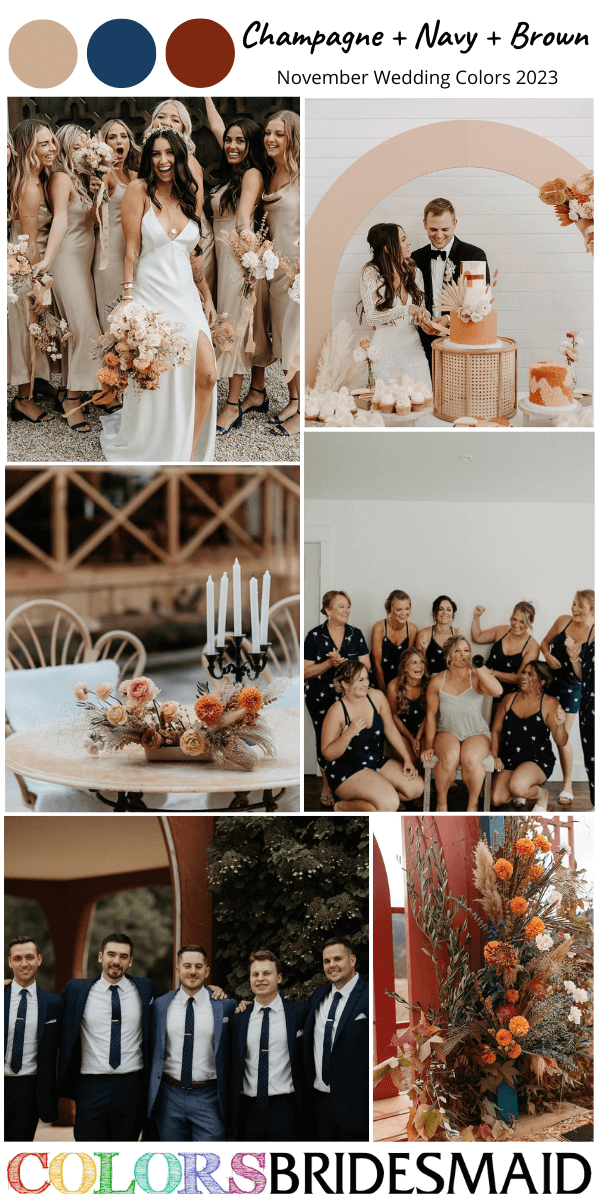 top 8 November wedding color Palettes for 2023 champagne navy and brown