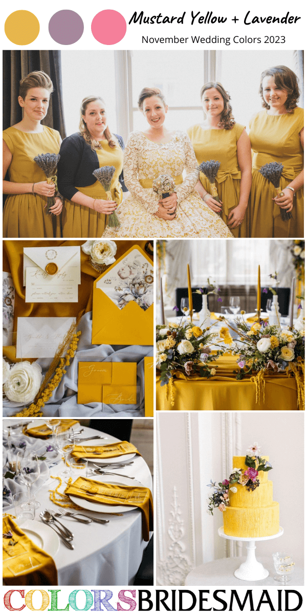 top 8 November wedding color Palettes for 2023 mustard yellow and lavender