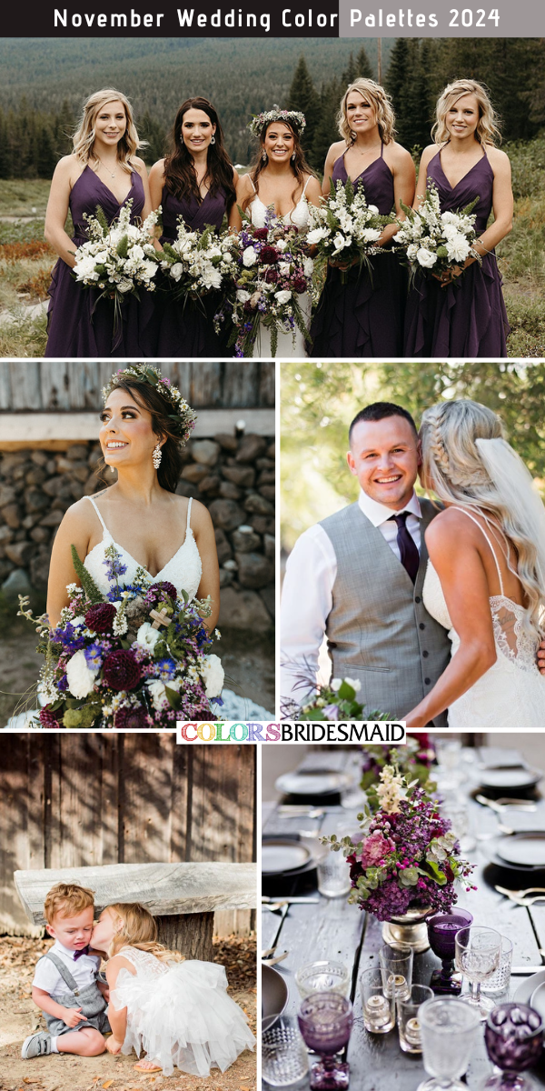 8 Perfect November Wedding Color Palettes for 2024 - Eggplant Purple + White + Grey