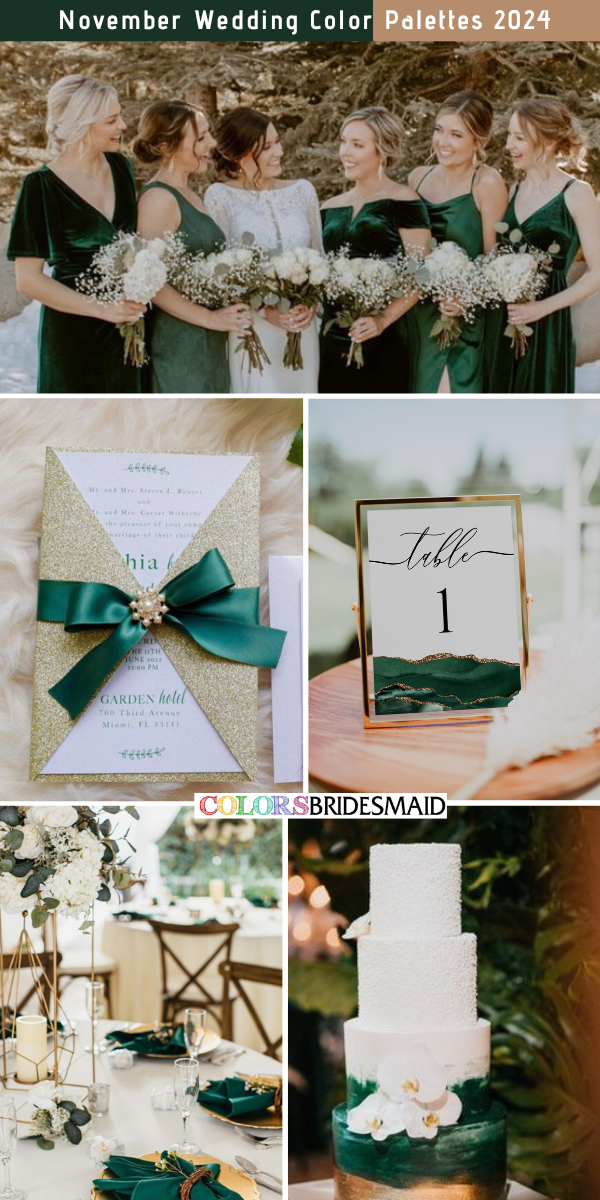 8 Perfect November Wedding Color Palettes for 2024 - Emerald Green + White + Gold