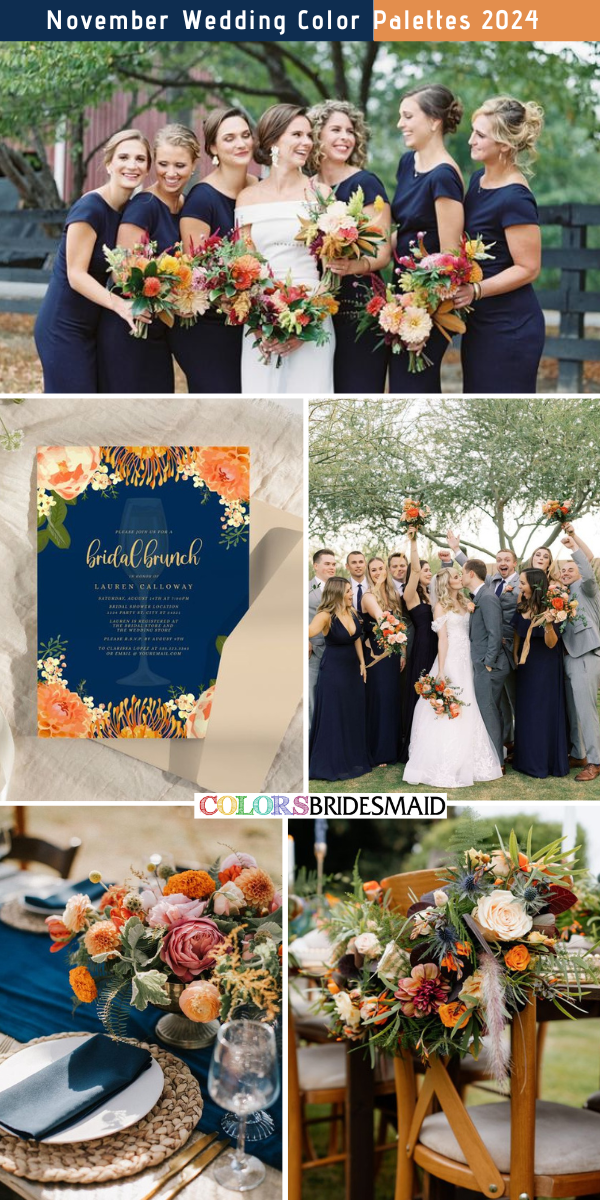 8 Perfect November Wedding Color Palettes for 2024 - Navy Blue + Orange + Grey