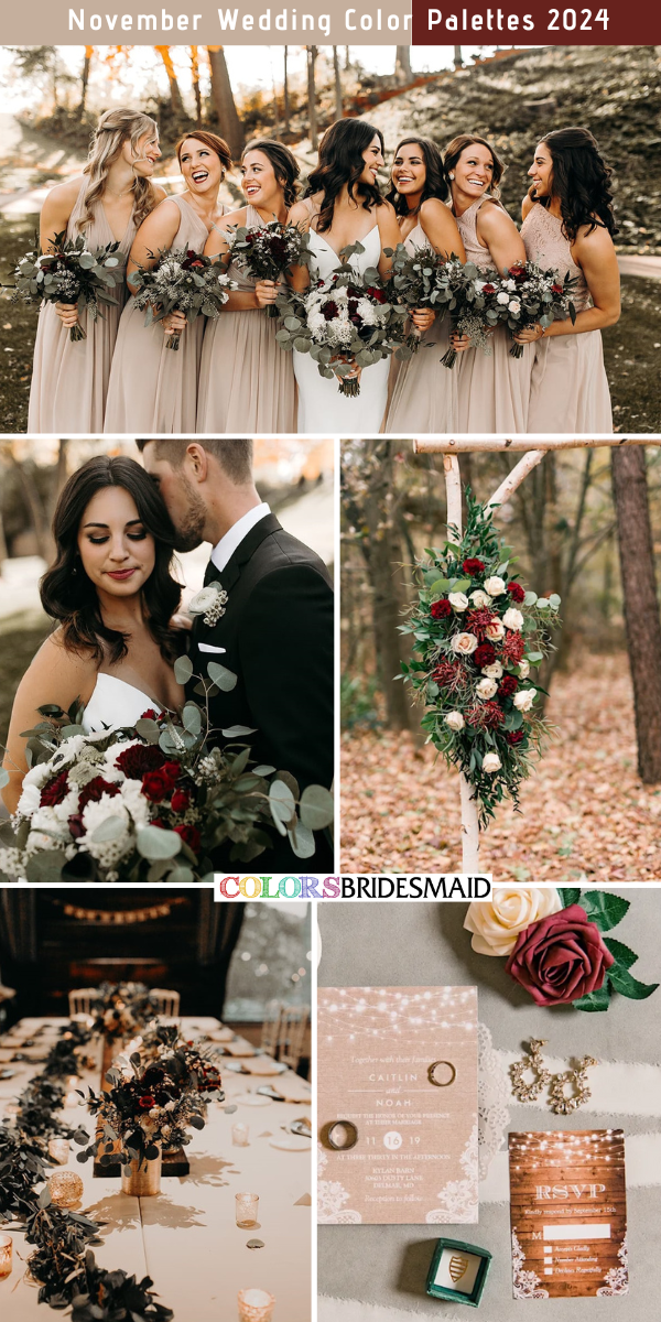 8 Perfect November Wedding Color Palettes for 2024 - Taupe + Burgundy + Greenery