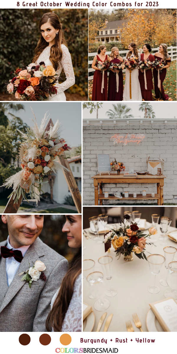 8 Great October Wedding Color Combos for 2023 - Burgundy + Rust + Yellow