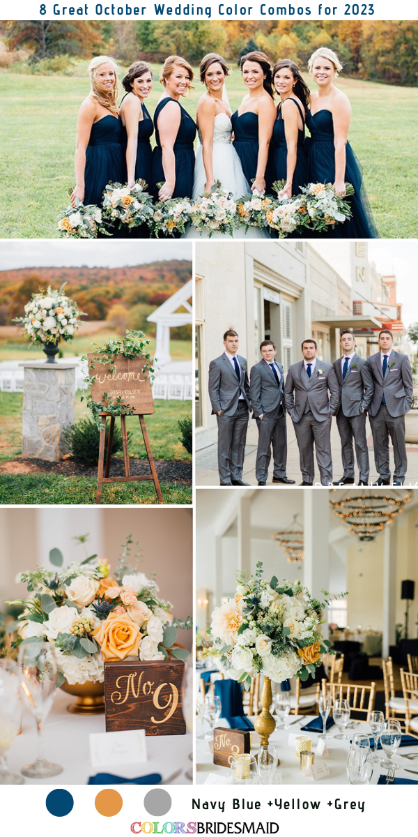 8 Great October Wedding Color Combos for 2023 - Navy Blue + Yellow + Grey
