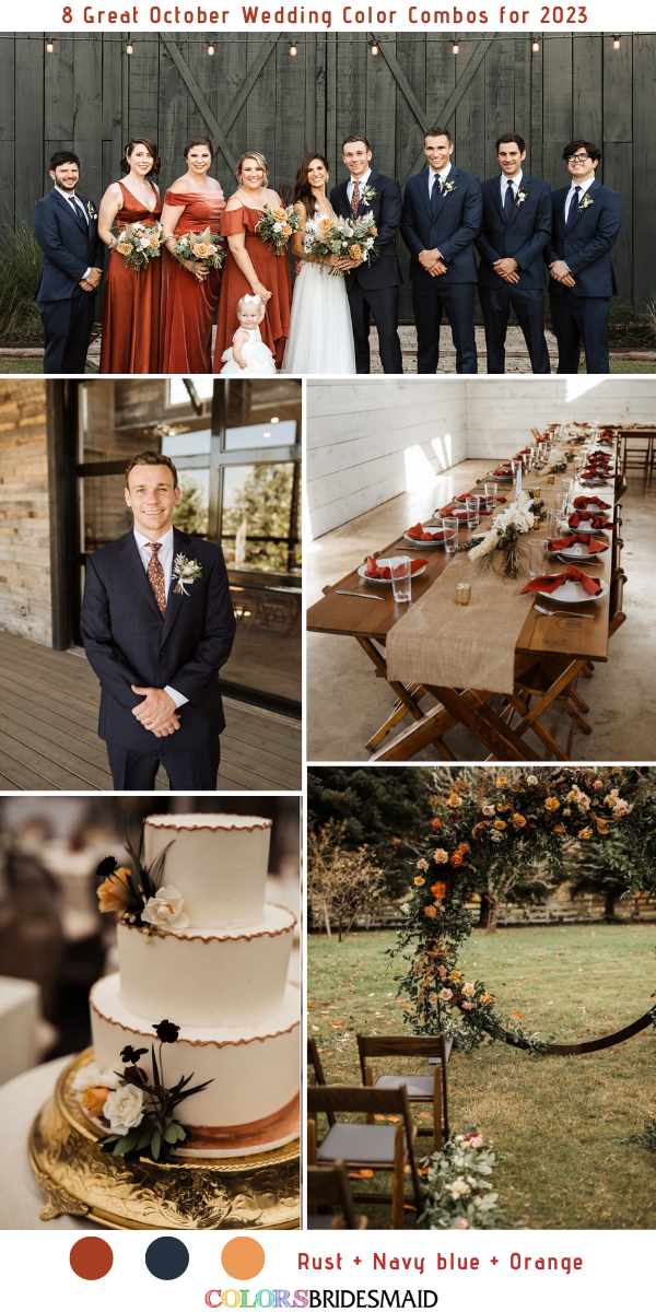 8 Great October Wedding Color Combos for 2023 - Rust + Navy Blue +Orange