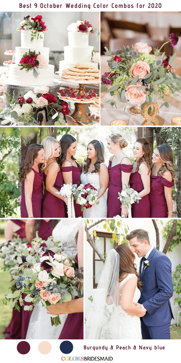 Best 9 October Wedding Color Combos for 2020 - Burgundy + Peach + Navy Blue