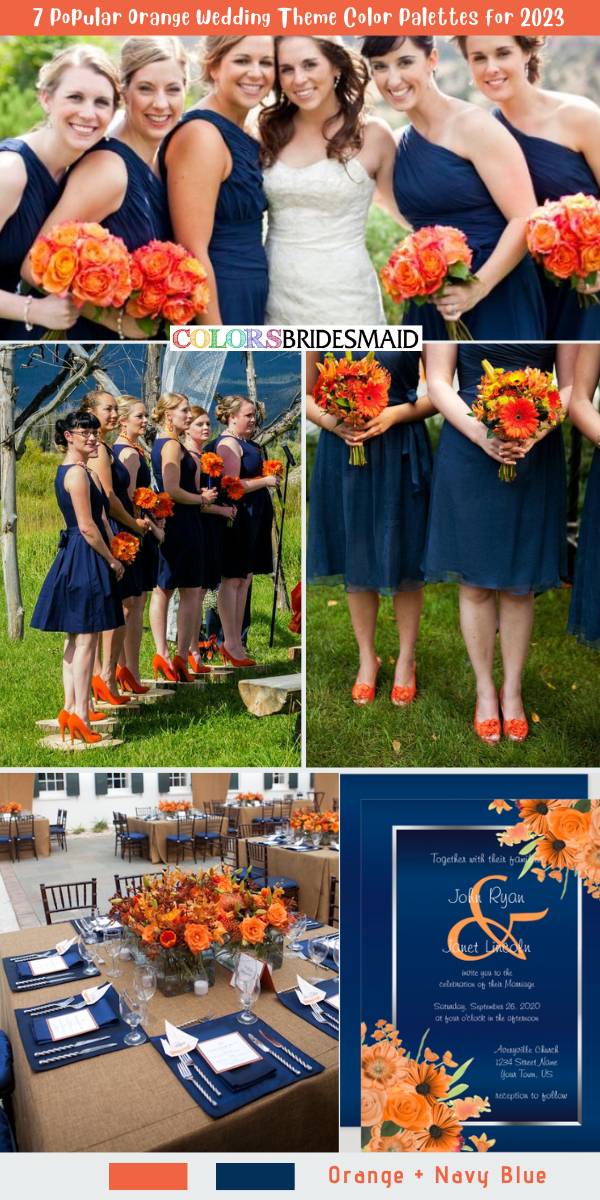 7 Popular Orange Wedding Theme Color Palettes for 2023 - Orange + Navy Blue