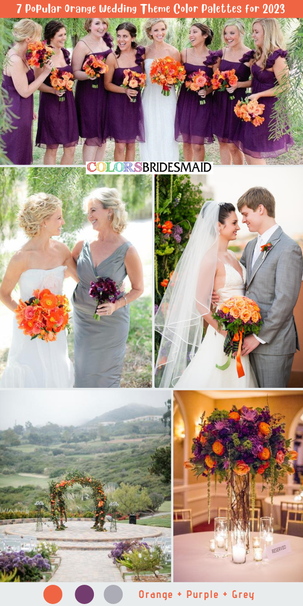 7 Popular Orange Wedding Theme Color Palettes for 2023 - Orange + Purple + Grey