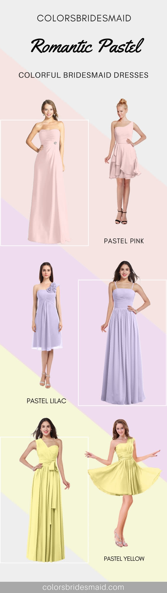 pastel pink, lilac and yellow bridesmaid dresses