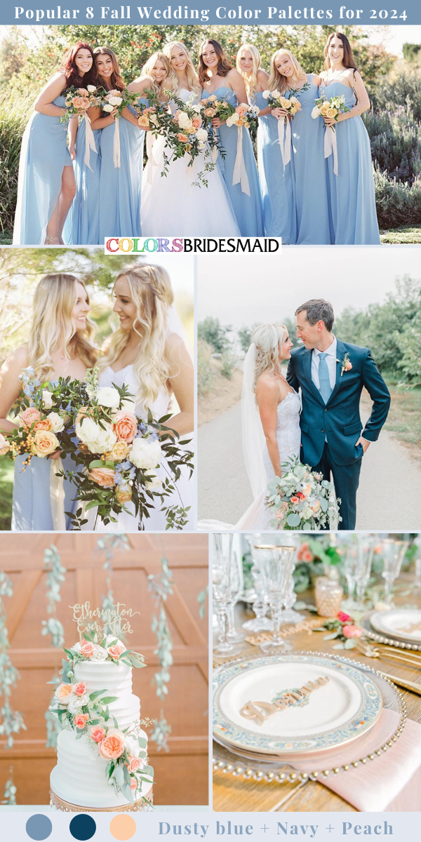 8 Popular Fall Wedding Color Palettes for 2024 - Dust Blue + Navy + Peach