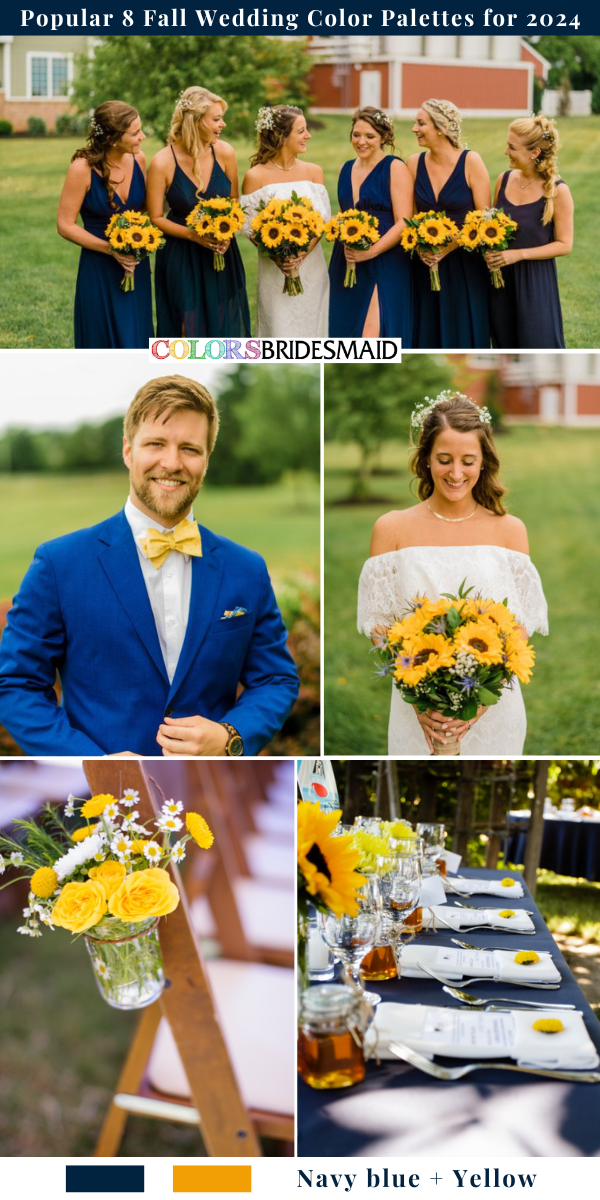 8 Popular Fall Wedding Color Palettes for 2024 - Navy Blue + Yellow
